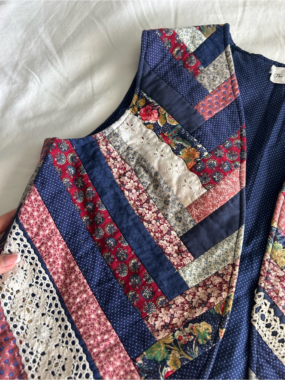 Patchwork Vintage Handmade Quilted Vest in Navy, Red, Cream Floral - Picture 5 of 9